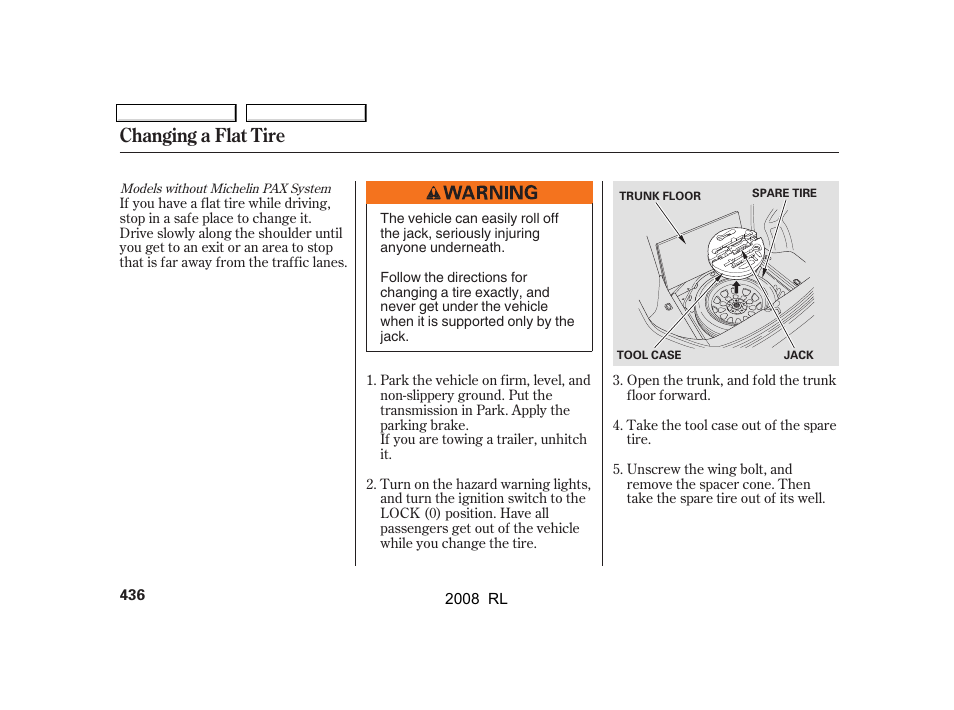 Changing a flat tire | Acura 2008 RL - Owner's Manual User Manual | Page 439 / 500