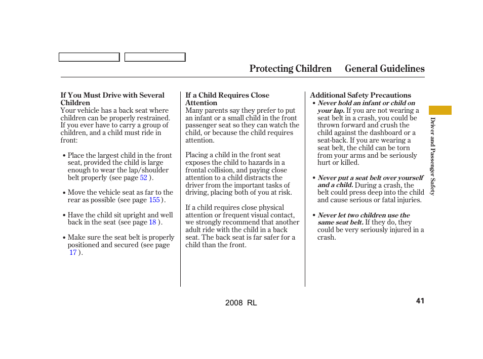 Protecting children general guidelines | Acura 2008 RL - Owner's Manual User Manual | Page 44 / 500