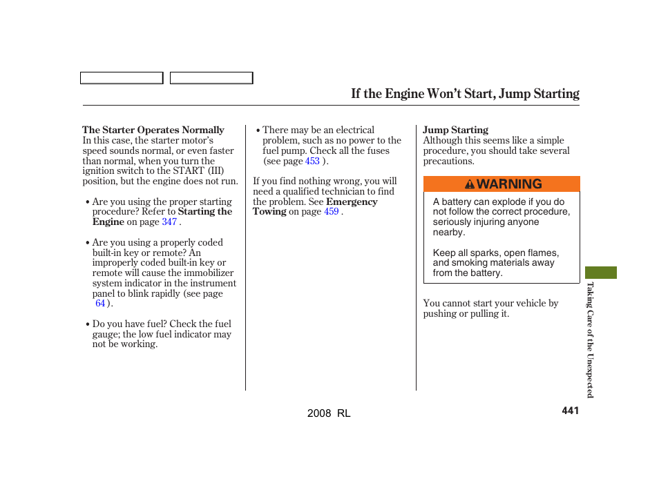 If the engine won’t start, jump starting | Acura 2008 RL - Owner's Manual User Manual | Page 444 / 500