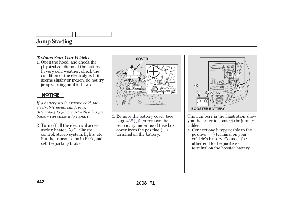 Jump starting | Acura 2008 RL - Owner's Manual User Manual | Page 445 / 500