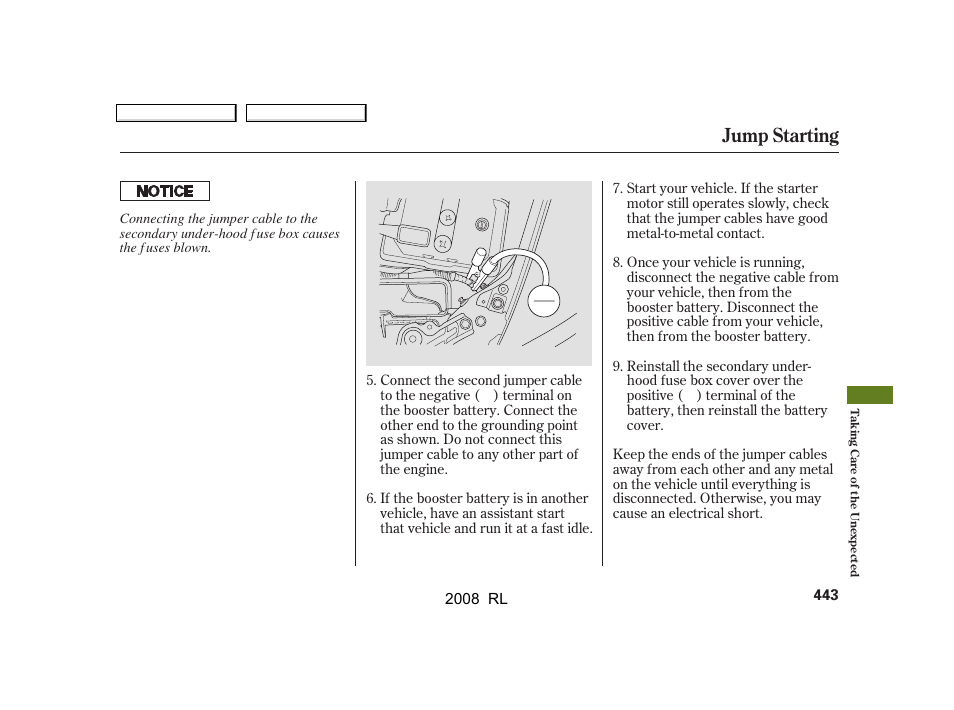 Jump starting | Acura 2008 RL - Owner's Manual User Manual | Page 446 / 500