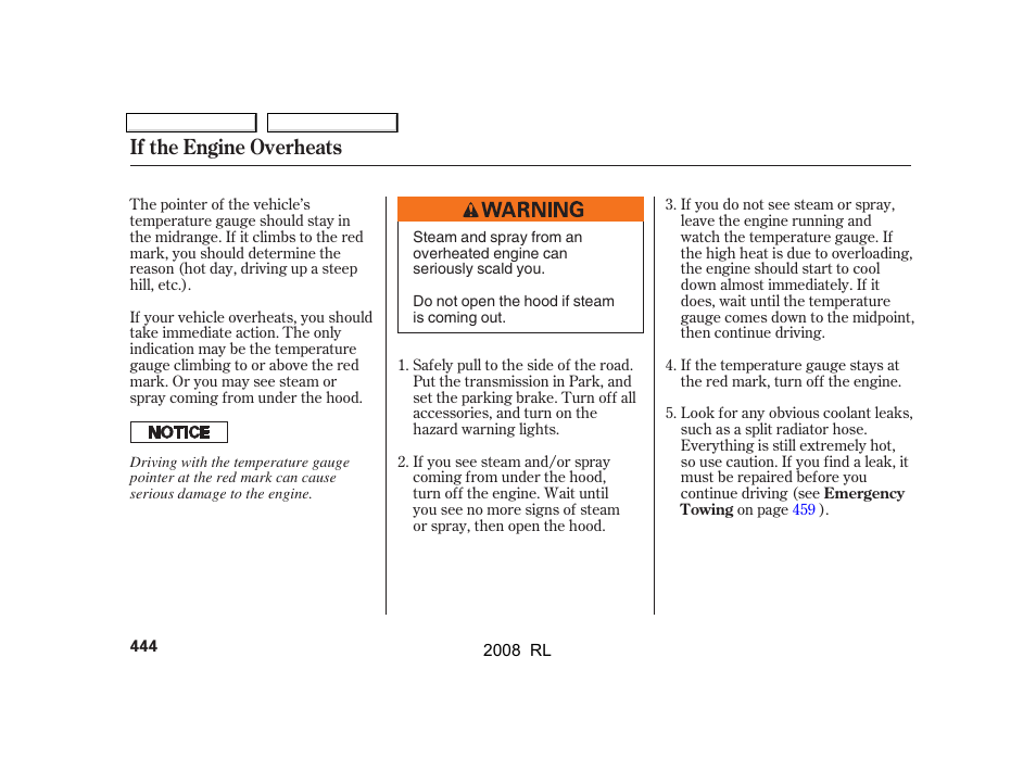 If the engine overheats | Acura 2008 RL - Owner's Manual User Manual | Page 447 / 500