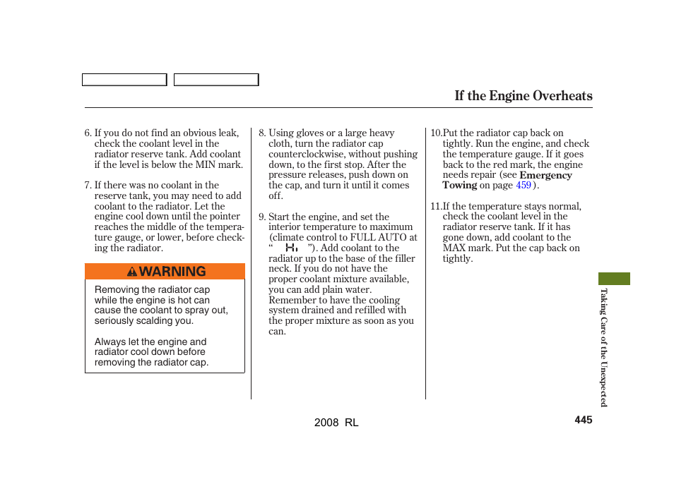 If the engine overheats | Acura 2008 RL - Owner's Manual User Manual | Page 448 / 500