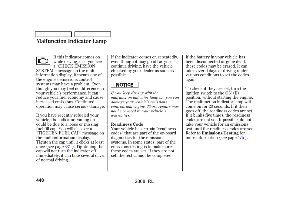 Malfunction indicator lamp | Acura 2008 RL - Owner's Manual User Manual | Page 451 / 500