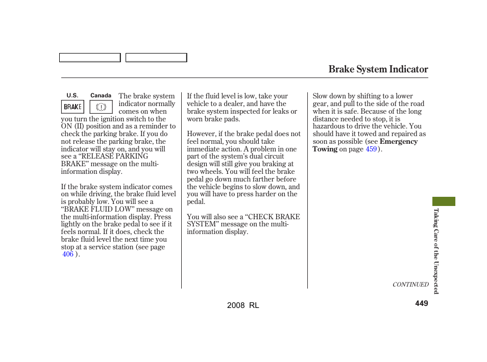 Brake system indicator | Acura 2008 RL - Owner's Manual User Manual | Page 452 / 500
