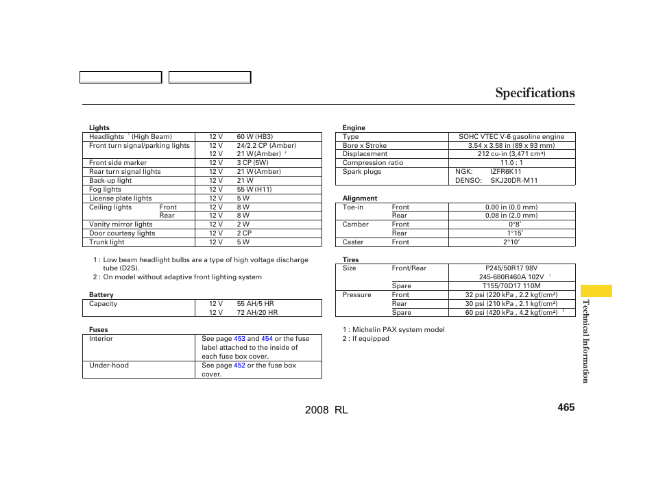 Specifications, 2008 rl | Acura 2008 RL - Owner's Manual User Manual | Page 468 / 500