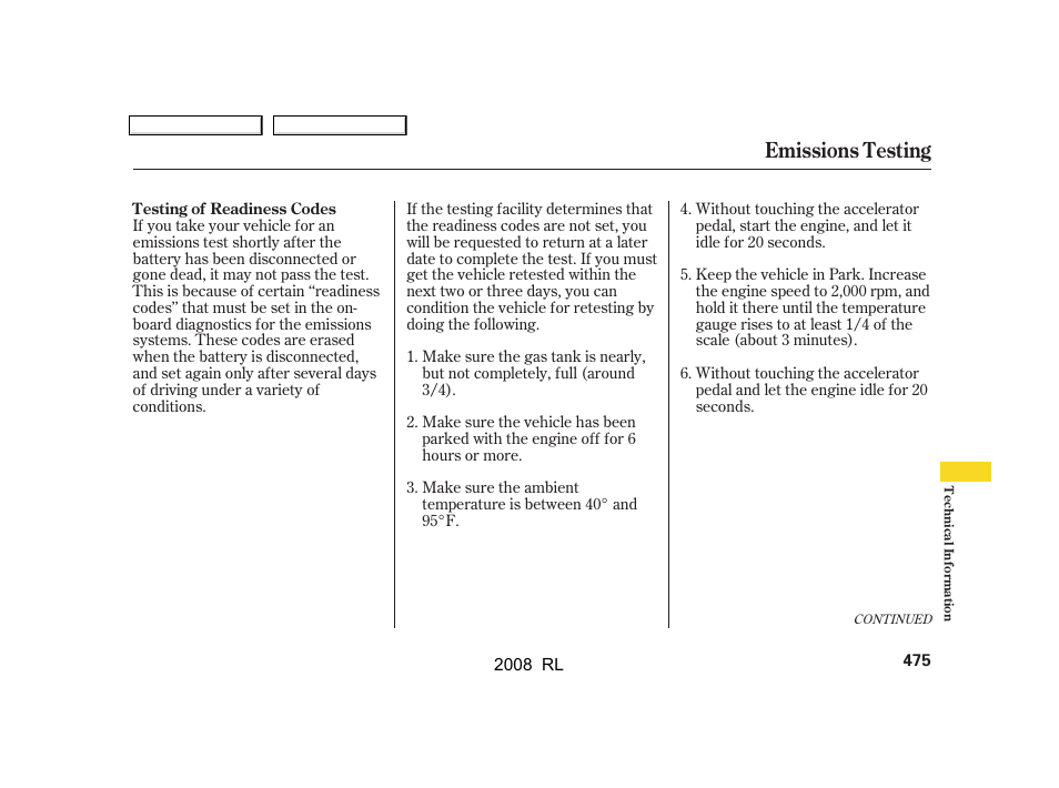 Emissions testing | Acura 2008 RL - Owner's Manual User Manual | Page 478 / 500