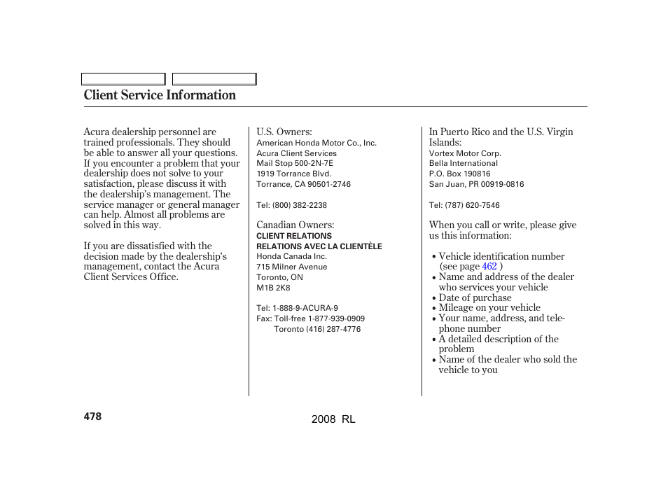 Client service information | Acura 2008 RL - Owner's Manual User Manual | Page 481 / 500