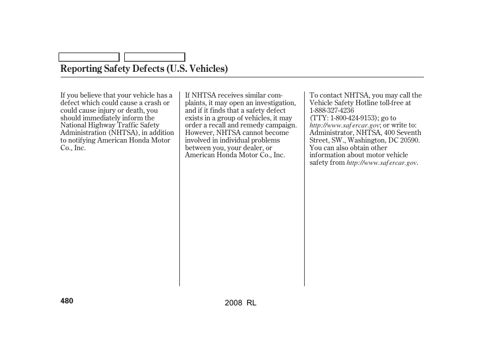 Reporting safety defects (u.s. vehicles) | Acura 2008 RL - Owner's Manual User Manual | Page 483 / 500