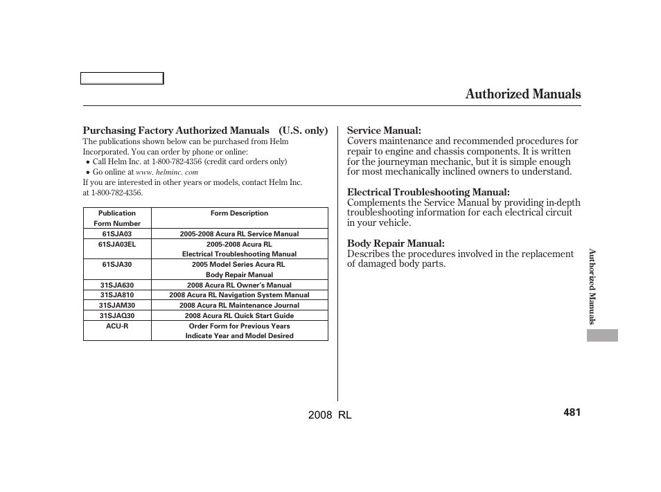 Authorized manuals, 2008 rl | Acura 2008 RL - Owner's Manual User Manual | Page 484 / 500