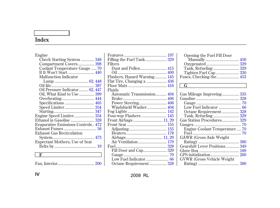 Index | Acura 2008 RL - Owner's Manual User Manual | Page 489 / 500