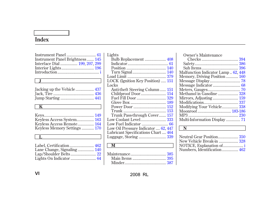 Index | Acura 2008 RL - Owner's Manual User Manual | Page 491 / 500