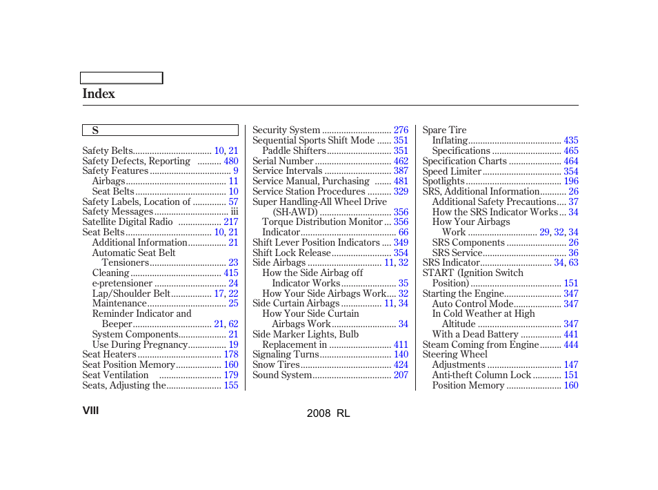 Index | Acura 2008 RL - Owner's Manual User Manual | Page 493 / 500