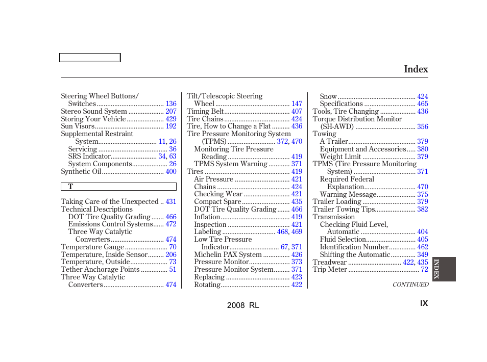 Index | Acura 2008 RL - Owner's Manual User Manual | Page 494 / 500