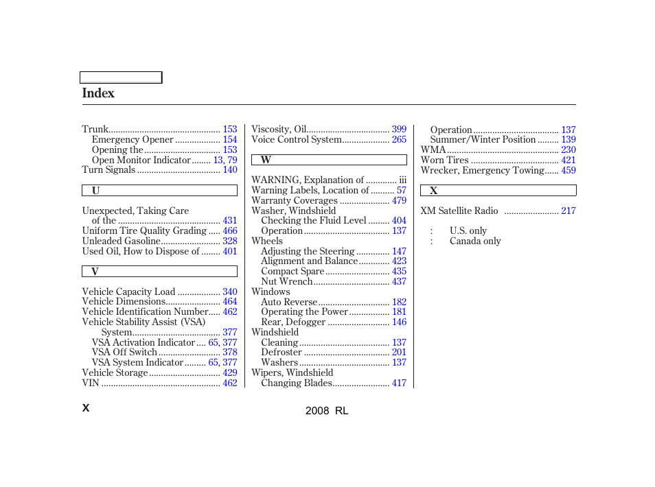 Index | Acura 2008 RL - Owner's Manual User Manual | Page 495 / 500