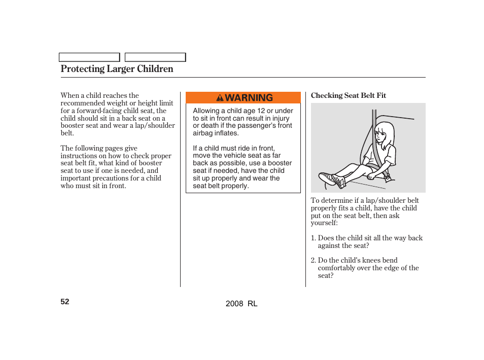 Protecting larger children | Acura 2008 RL - Owner's Manual User Manual | Page 55 / 500