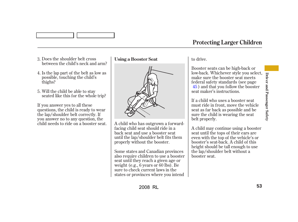 Protecting larger children | Acura 2008 RL - Owner's Manual User Manual | Page 56 / 500