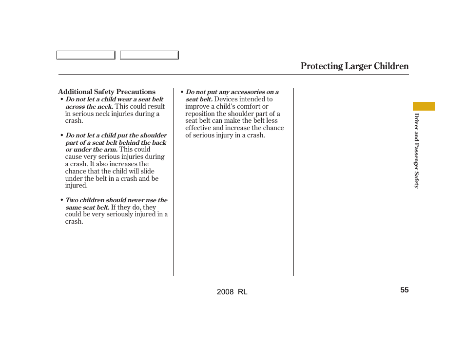 Protecting larger children | Acura 2008 RL - Owner's Manual User Manual | Page 58 / 500