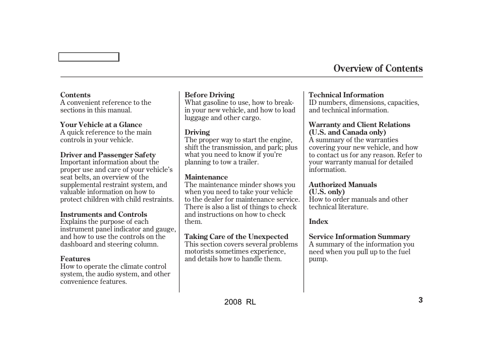 Overview of contents | Acura 2008 RL - Owner's Manual User Manual | Page 6 / 500