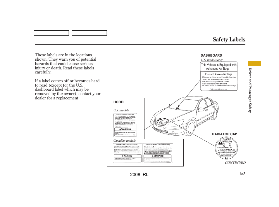 Safety labels | Acura 2008 RL - Owner's Manual User Manual | Page 60 / 500