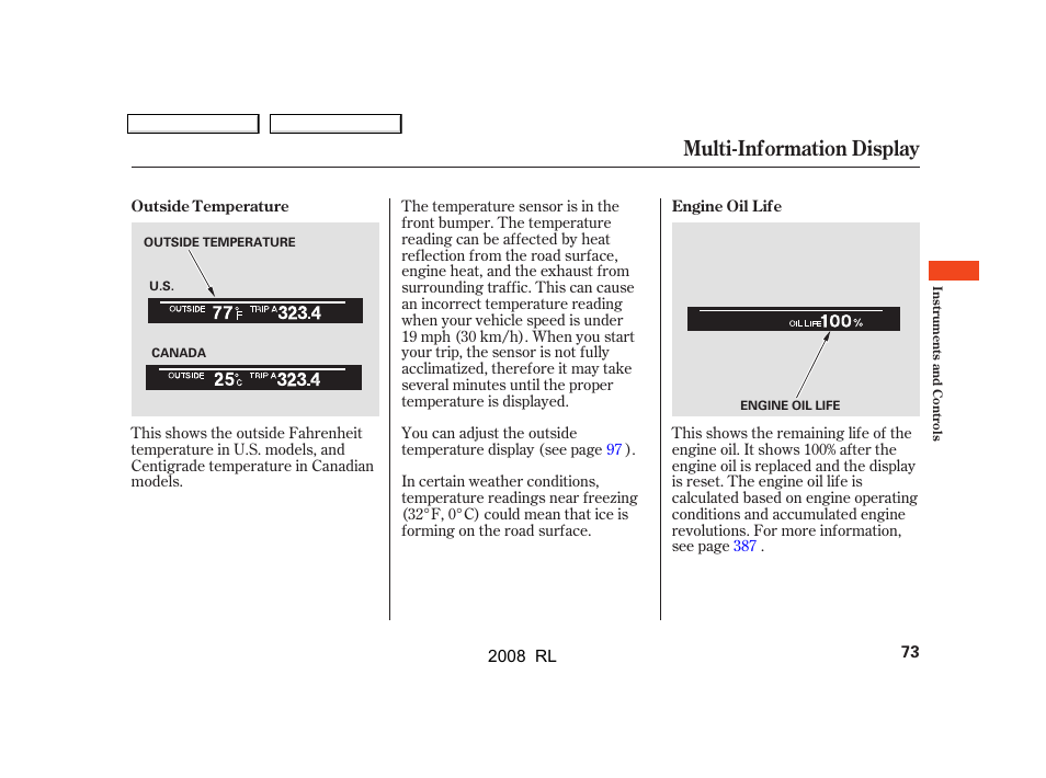 Multi-information display | Acura 2008 RL - Owner's Manual User Manual | Page 76 / 500