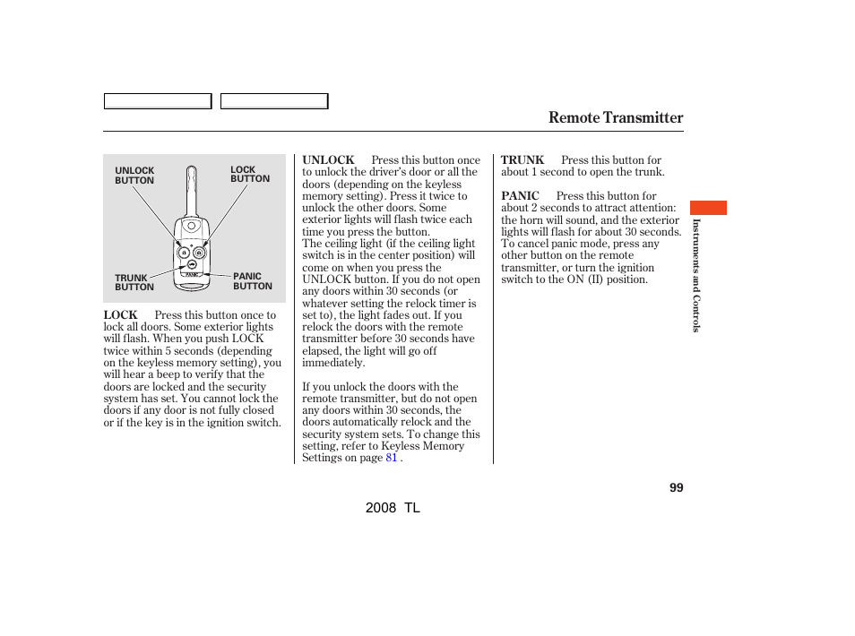 Remote transmitter, 2008 tl | Acura 2008 TL - Owner's Manual User Manual | Page 102 / 376