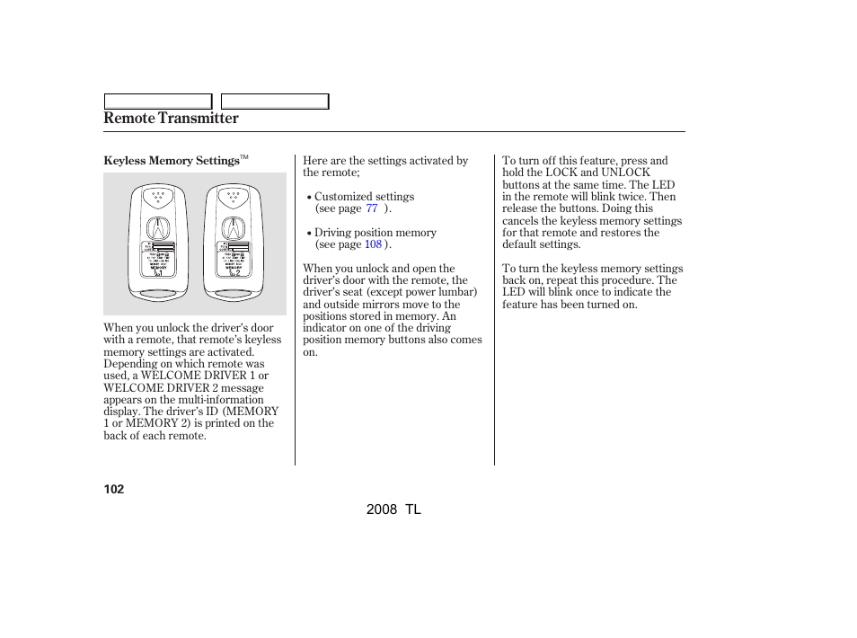 Remote transmitter | Acura 2008 TL - Owner's Manual User Manual | Page 105 / 376