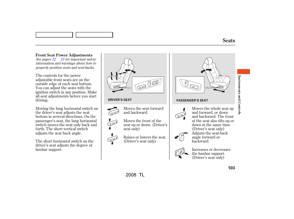 Seats, 2008 tl | Acura 2008 TL - Owner's Manual User Manual | Page 106 / 376