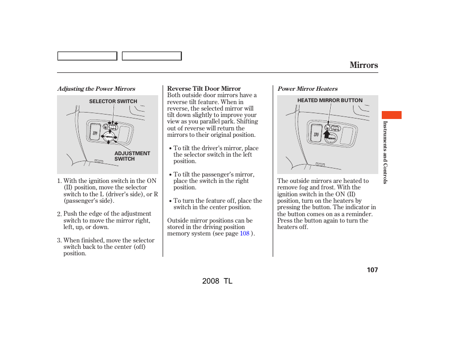 Mirrors, 2008 tl | Acura 2008 TL - Owner's Manual User Manual | Page 110 / 376