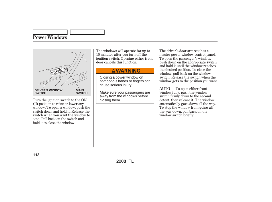 Power windows | Acura 2008 TL - Owner's Manual User Manual | Page 115 / 376