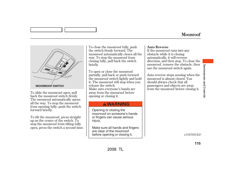 Moonroof, 2008 tl | Acura 2008 TL - Owner's Manual User Manual | Page 118 / 376
