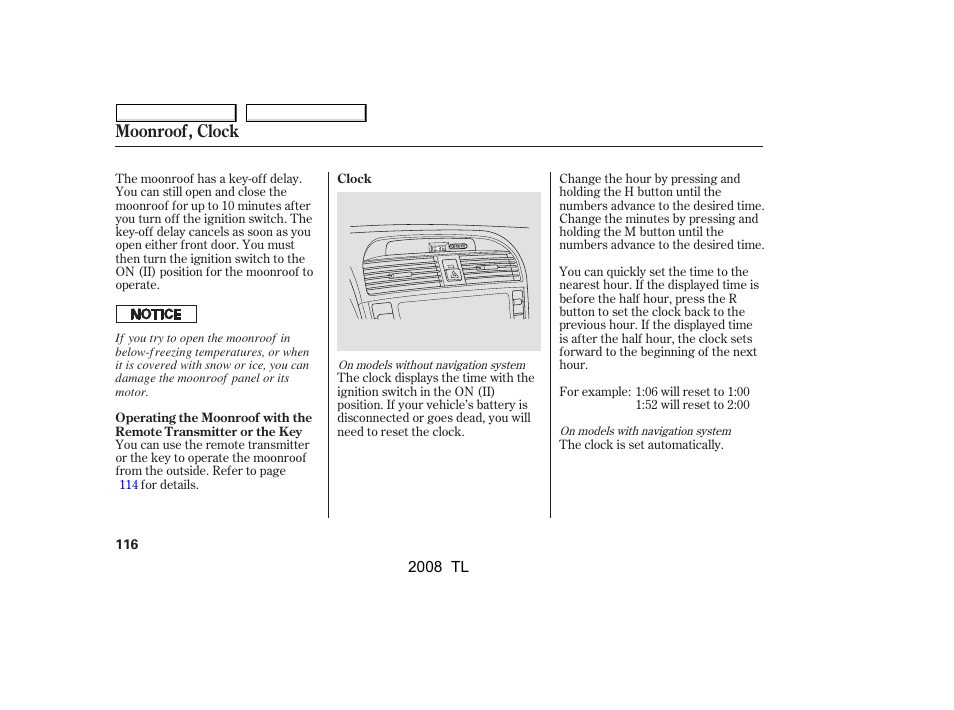 Moonroof, clock | Acura 2008 TL - Owner's Manual User Manual | Page 119 / 376