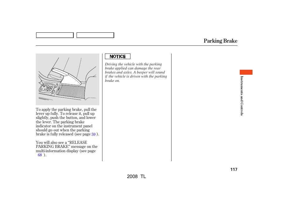 Parking brake, 2008 tl | Acura 2008 TL - Owner's Manual User Manual | Page 120 / 376