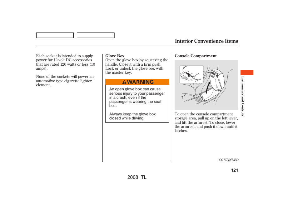 Interior convenience items, 2008 tl | Acura 2008 TL - Owner's Manual User Manual | Page 124 / 376