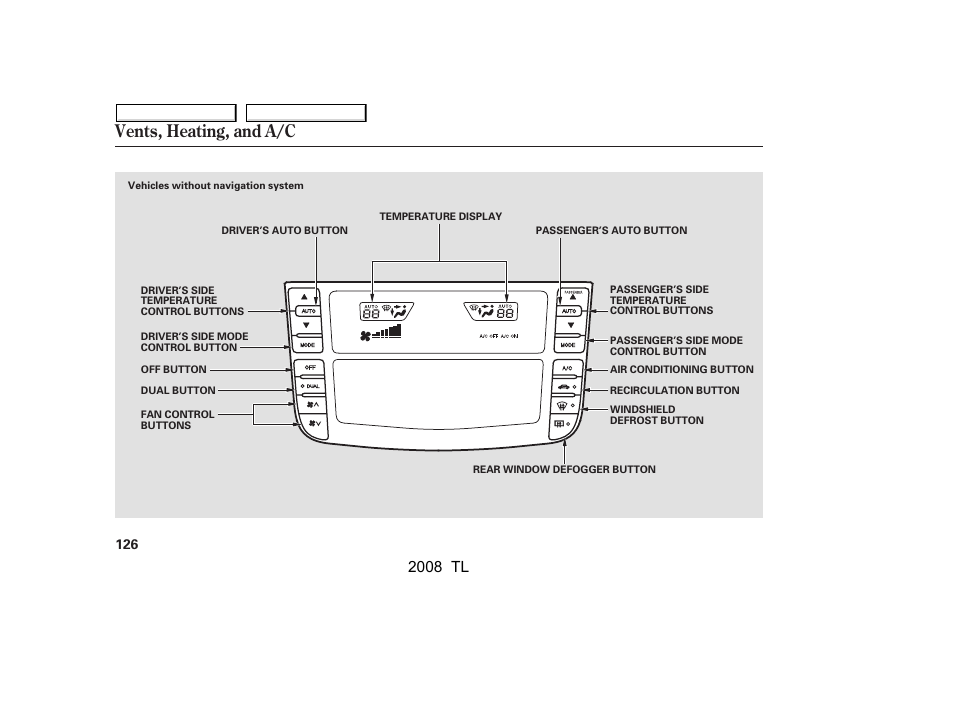 Vents, heating, and a/c, 2008 tl | Acura 2008 TL - Owner's Manual User Manual | Page 129 / 376