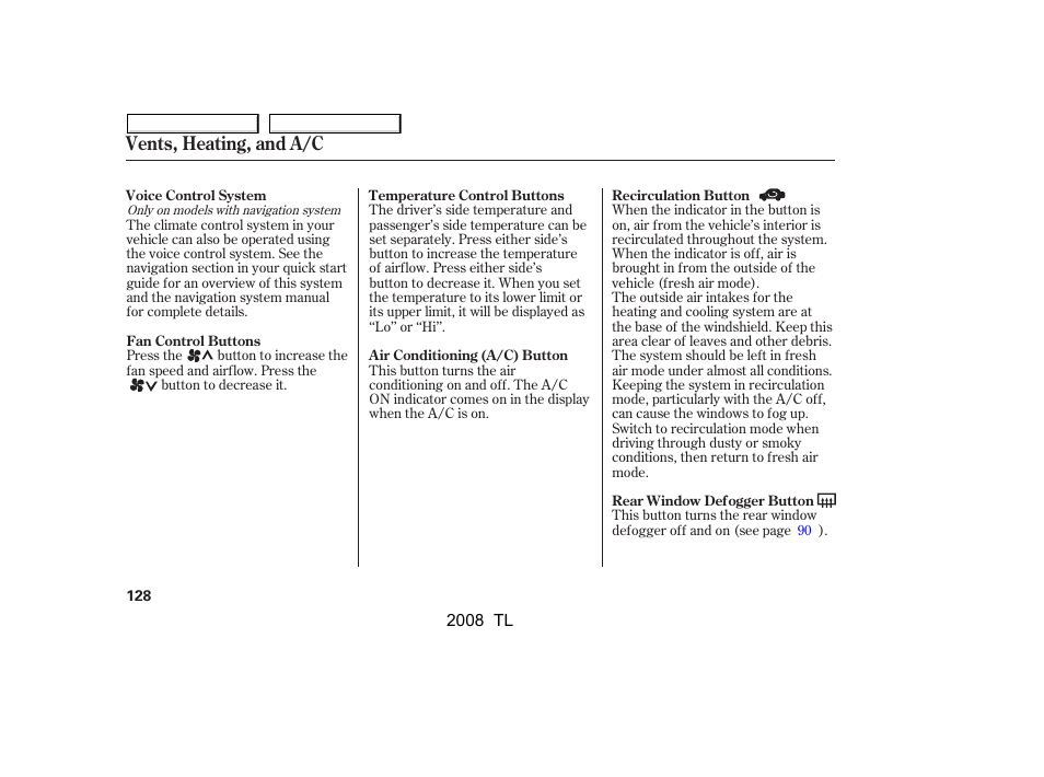 Vents, heating, and a/c | Acura 2008 TL - Owner's Manual User Manual | Page 131 / 376