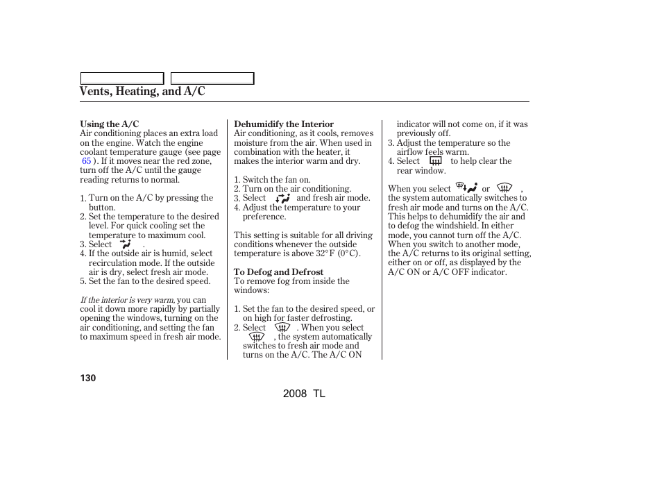 Vents, heating, and a/c | Acura 2008 TL - Owner's Manual User Manual | Page 133 / 376