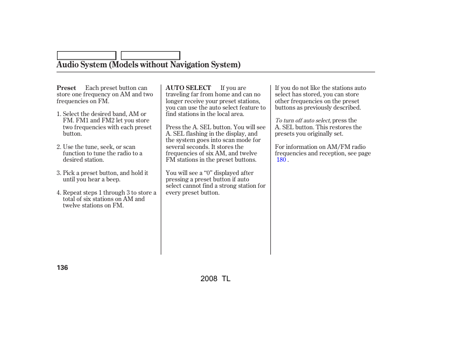 Audio system (models without navigation system) | Acura 2008 TL - Owner's Manual User Manual | Page 139 / 376