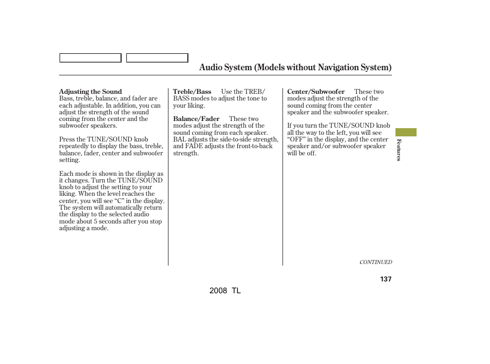 Audio system (models without navigation system) | Acura 2008 TL - Owner's Manual User Manual | Page 140 / 376