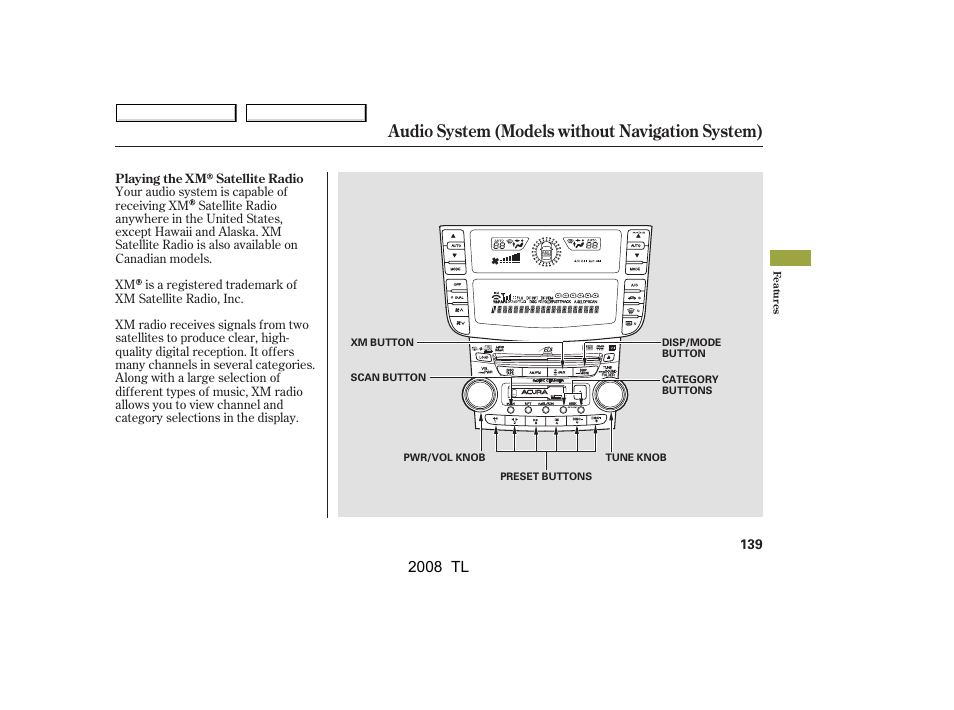 Audio system (models without navigation system), 2008 tl | Acura 2008 TL - Owner's Manual User Manual | Page 142 / 376