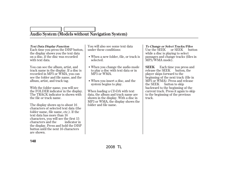 Audio system (models without navigation system) | Acura 2008 TL - Owner's Manual User Manual | Page 151 / 376