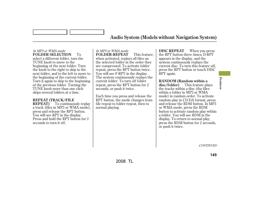 Audio system (models without navigation system) | Acura 2008 TL - Owner's Manual User Manual | Page 152 / 376