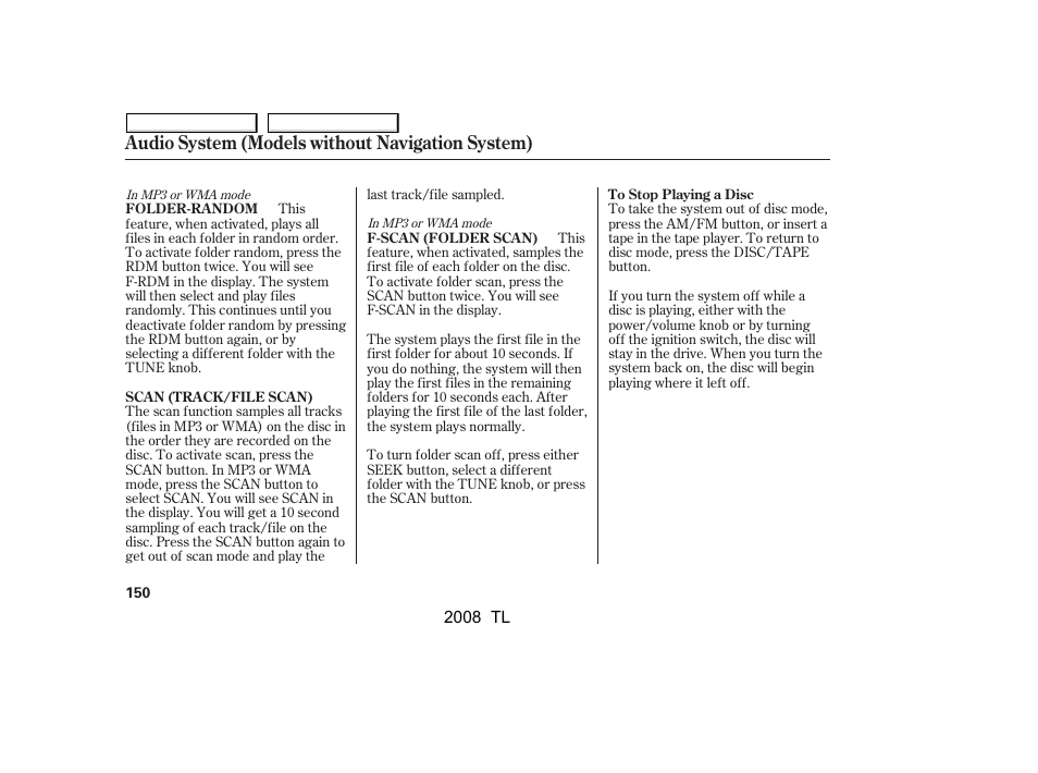 Audio system (models without navigation system) | Acura 2008 TL - Owner's Manual User Manual | Page 153 / 376