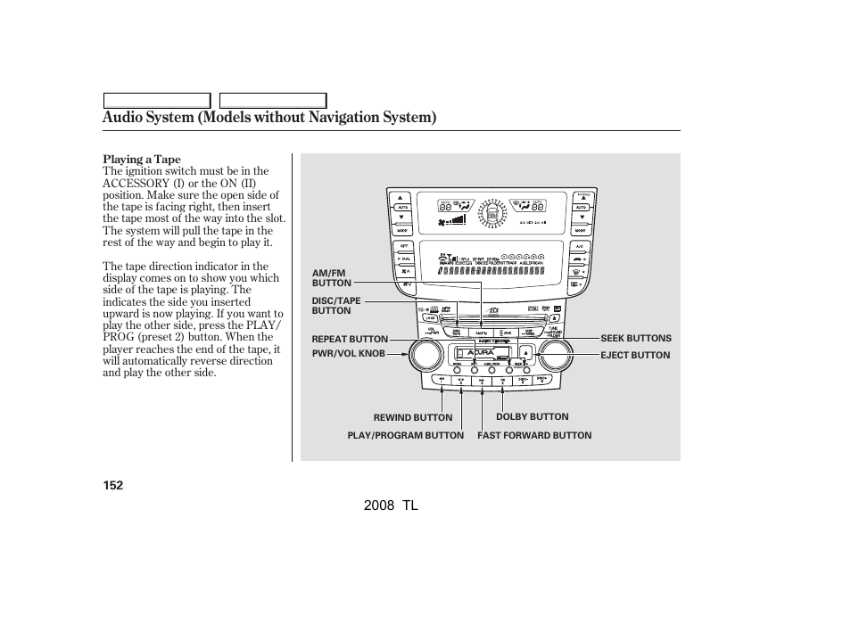 Audio system (models without navigation system), 2008 tl | Acura 2008 TL - Owner's Manual User Manual | Page 155 / 376