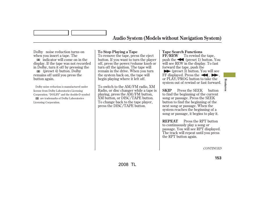 Audio system (models without navigation system), 2008 tl | Acura 2008 TL - Owner's Manual User Manual | Page 156 / 376