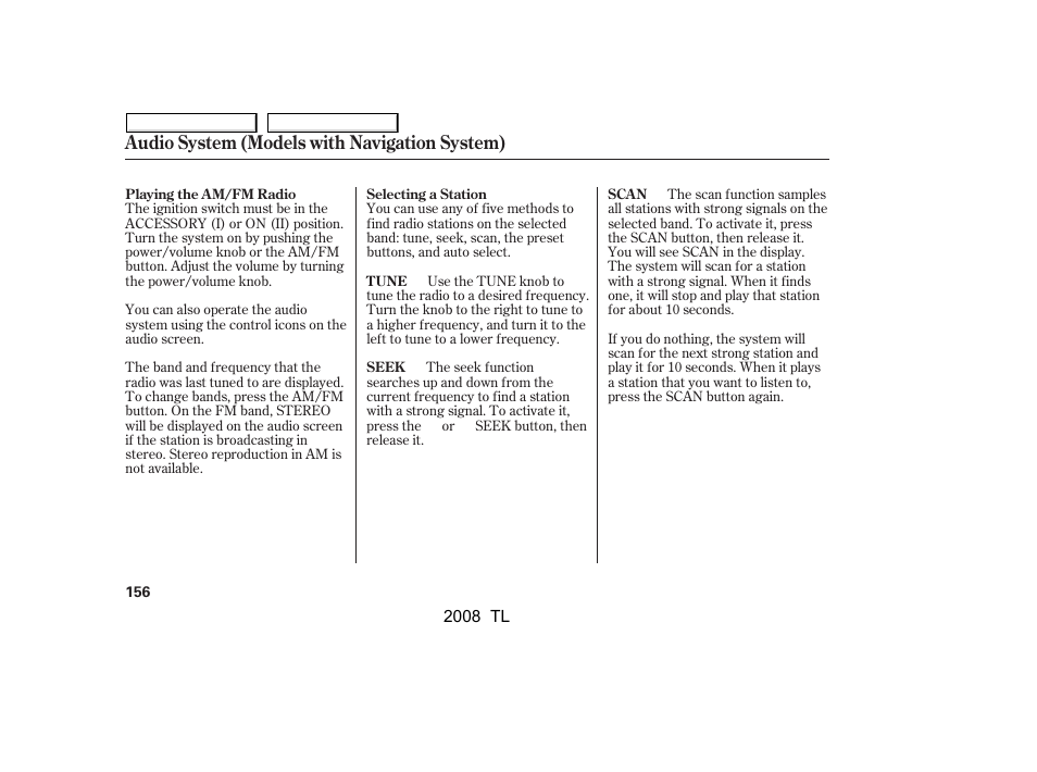 Audio system (models with navigation system) | Acura 2008 TL - Owner's Manual User Manual | Page 159 / 376