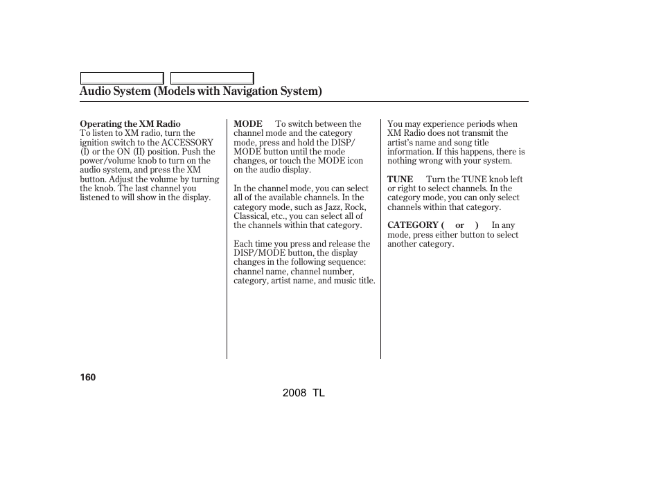 Audio system (models with navigation system) | Acura 2008 TL - Owner's Manual User Manual | Page 163 / 376