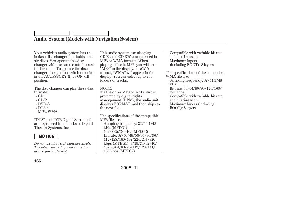 Audio system (models with navigation system) | Acura 2008 TL - Owner's Manual User Manual | Page 169 / 376