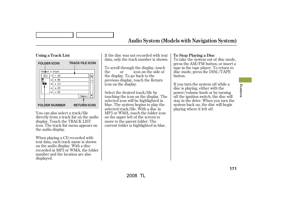 Audio system (models with navigation system) | Acura 2008 TL - Owner's Manual User Manual | Page 174 / 376