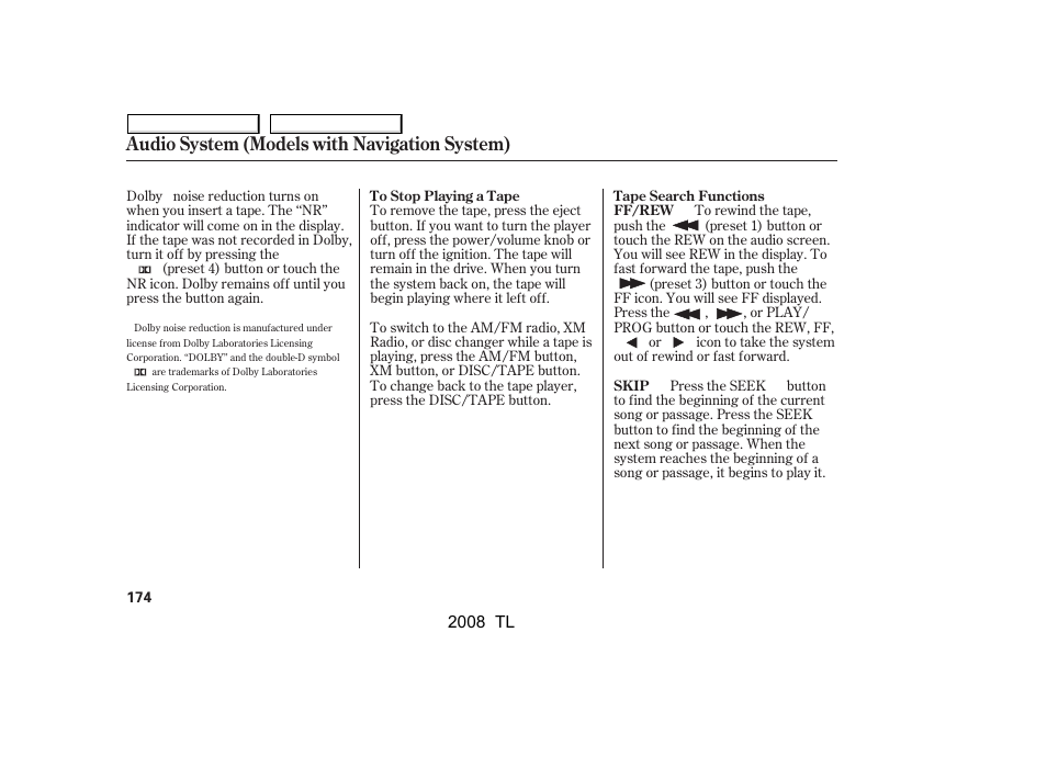 Audio system (models with navigation system) | Acura 2008 TL - Owner's Manual User Manual | Page 177 / 376